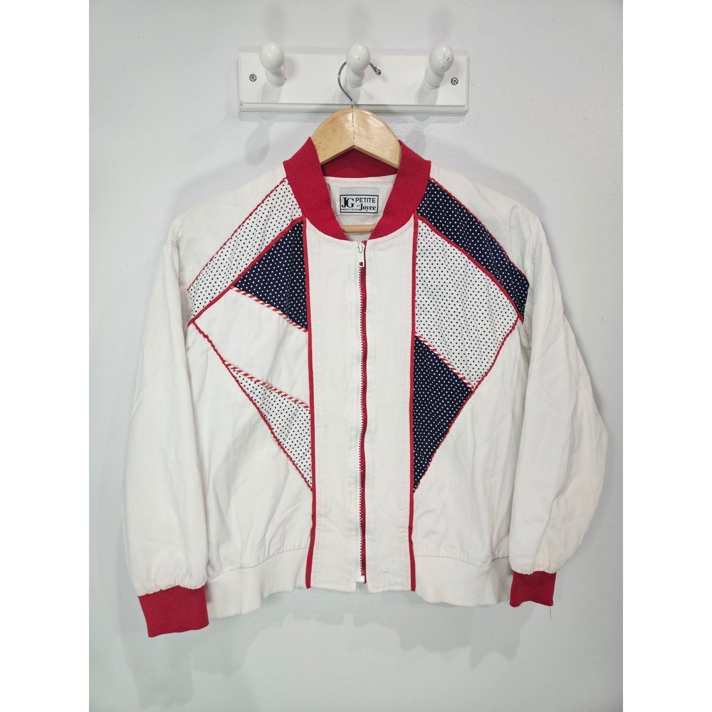 Vintage JG Petite by Joyce Bomber Jacket White Red Navy Polka Dot Patchwork